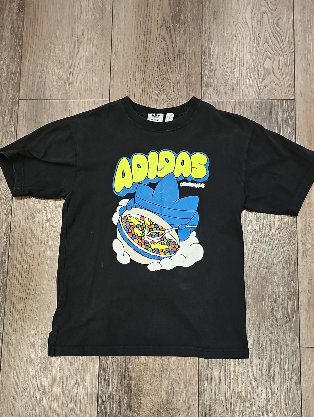 adidas Black Tee with Bright Blue and Yellow Cartoon Logo